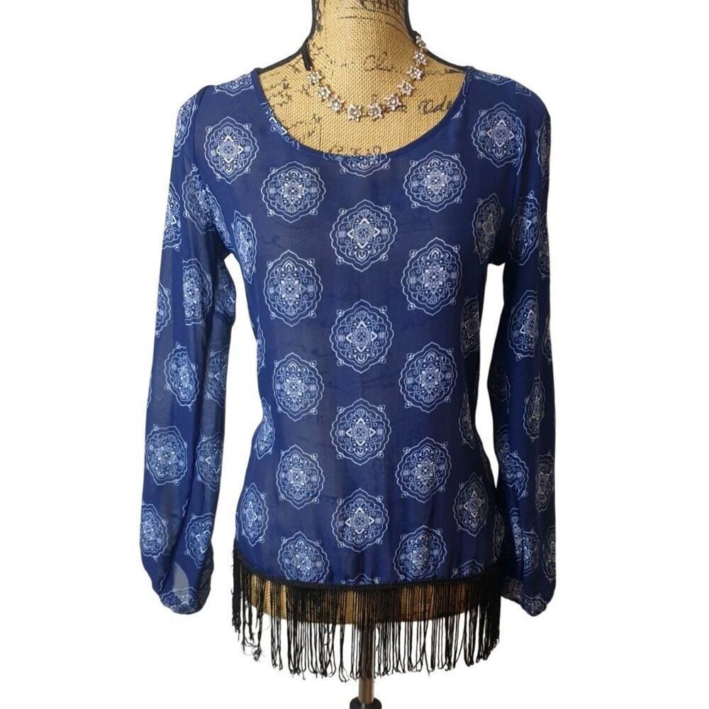 Charming Charlie Womens Boho Fringe Top S Blue White Sheer LS Y2K Hippie Artisy